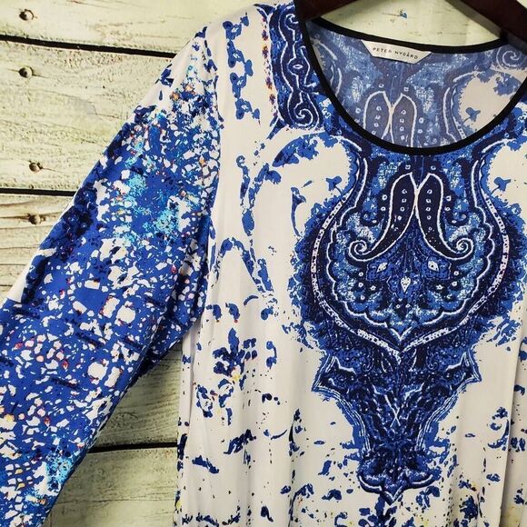 Peter Nygard Women's Tunic Top Size L Blue Abstract Boho Print Hi-Low Hem 3/4 Sl - Picture 2 of 6
